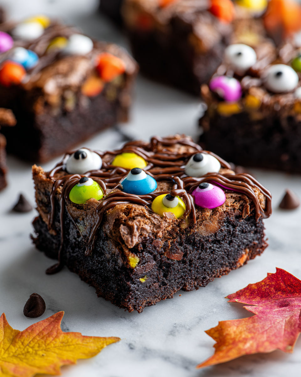 Brownies Monster Mash per Halloween, dolce spaventoso e delizioso decorato con occhietti di caramella, ideale per feste autunnali.