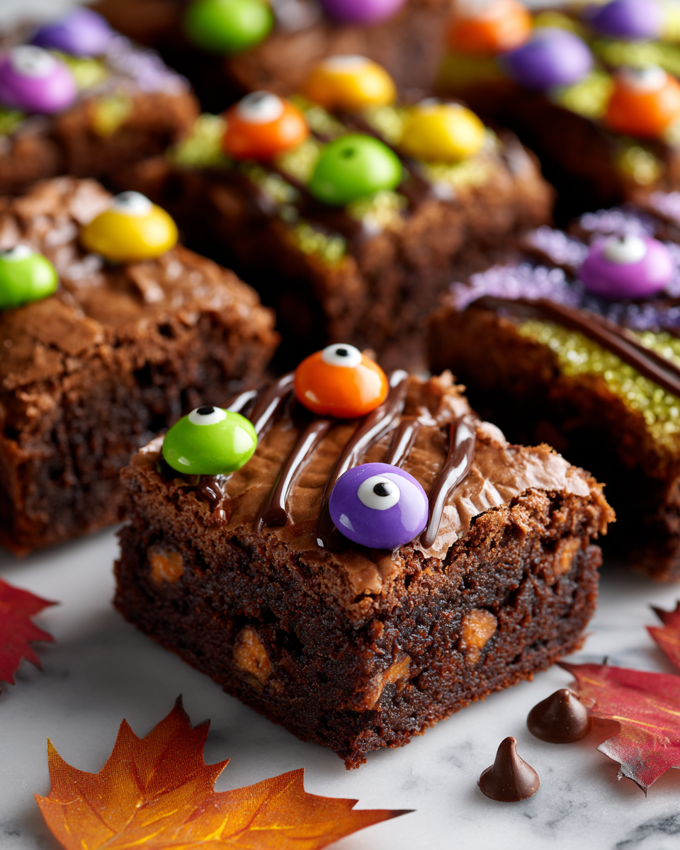 Brownies Monster Mash per Halloween, dolce spaventoso e delizioso decorato con occhietti di caramella, ideale per feste autunnali.