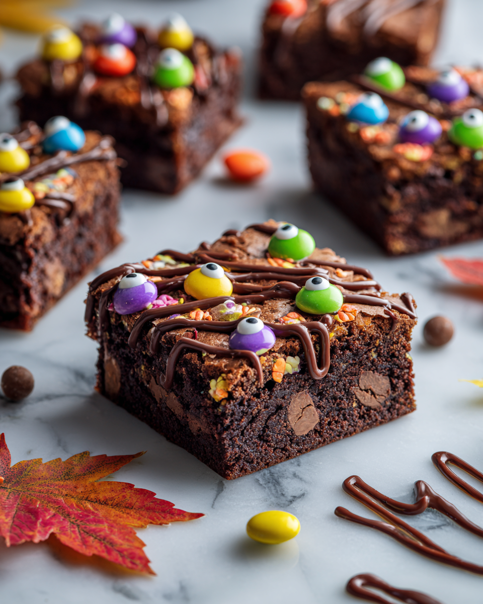 Brownies Monster Mash per Halloween, dolce spaventoso e delizioso decorato con occhietti di caramella, ideale per feste autunnali.