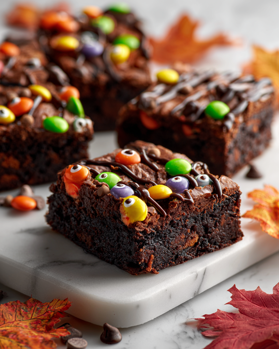 Brownies Monster Mash per Halloween, dolce spaventoso e delizioso decorato con occhietti di caramella, ideale per feste autunnali.