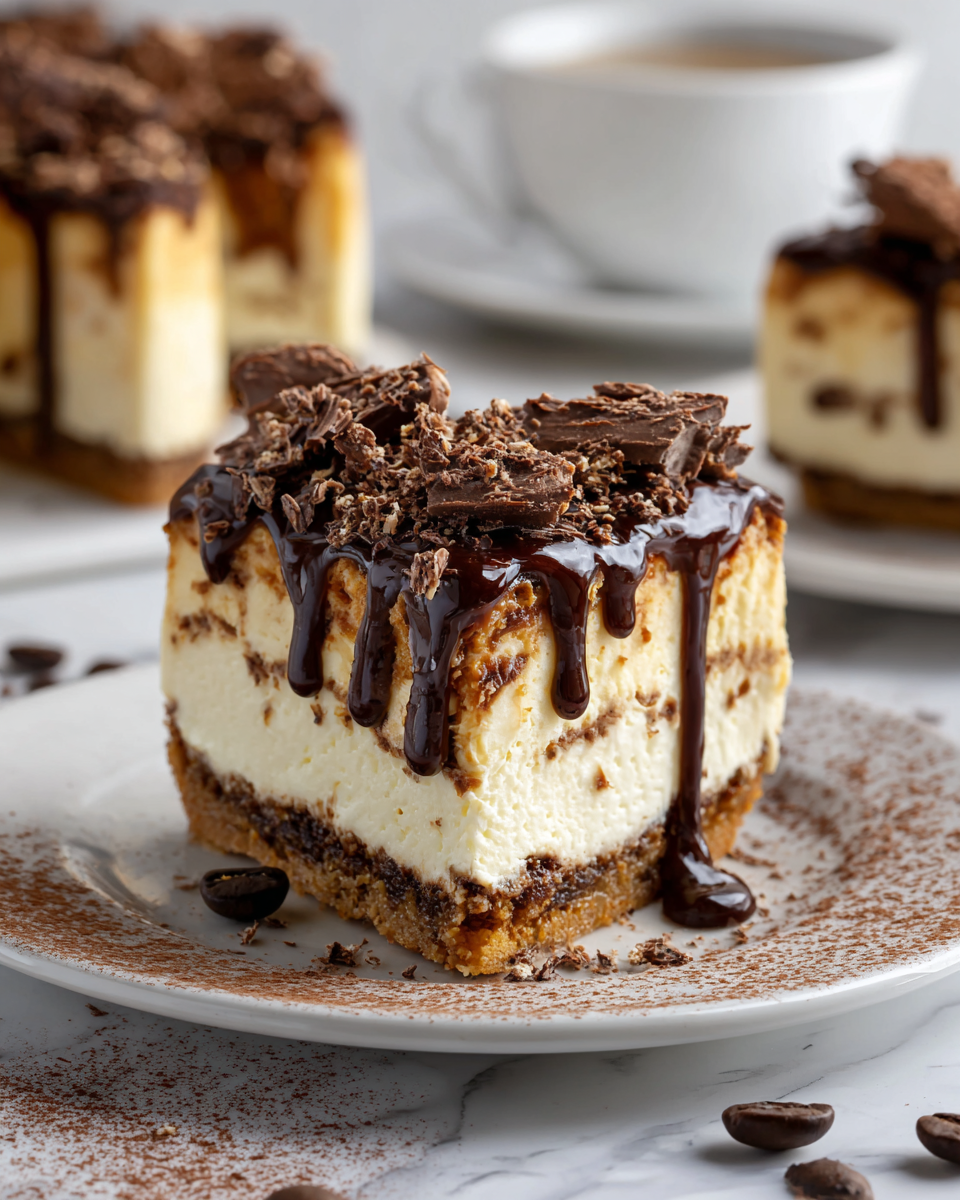 Cheesecake all'espresso decorato con cioccolato, dolce cremoso per feste.