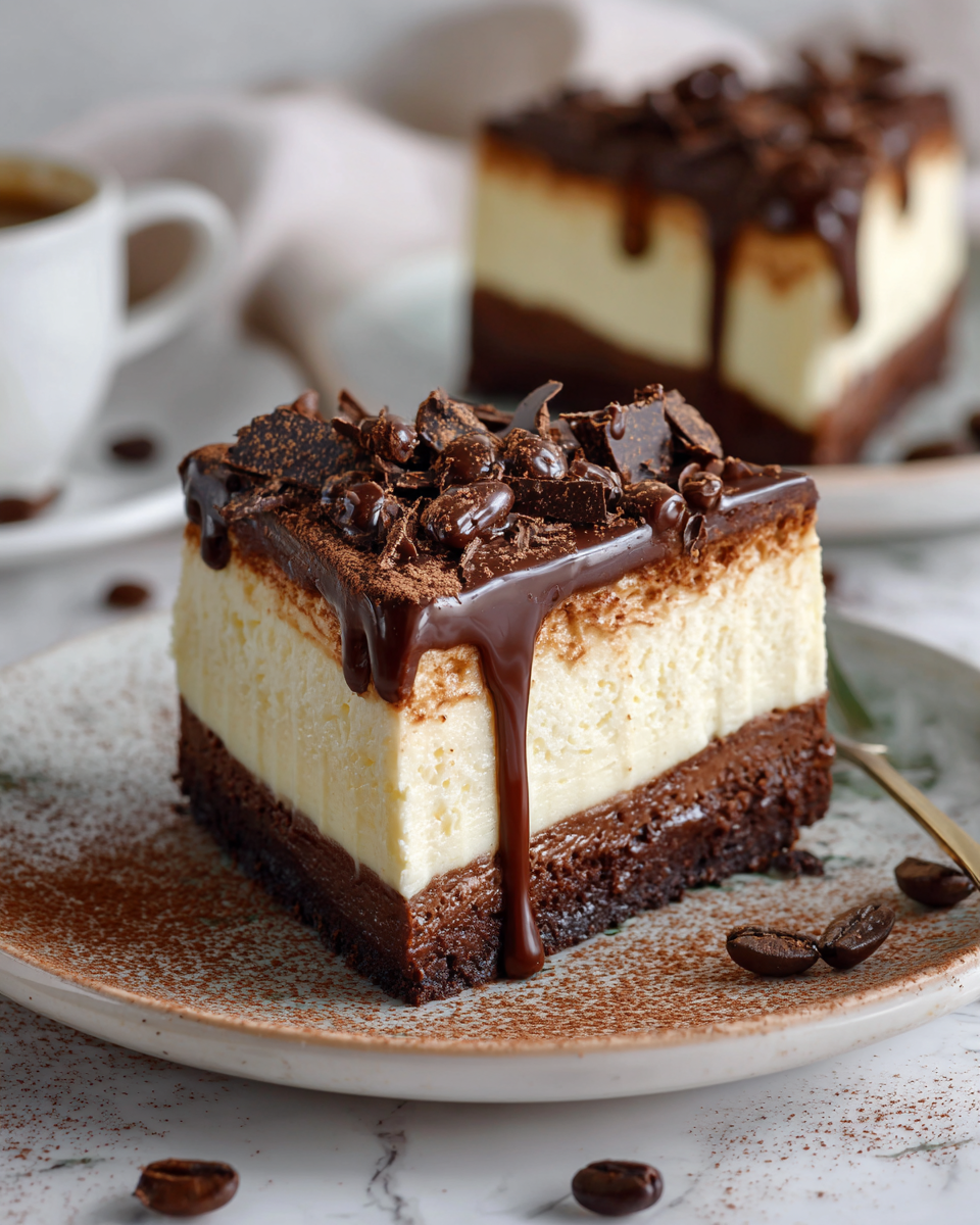 Cheesecake all'espresso decorato con cioccolato, dolce cremoso per feste.