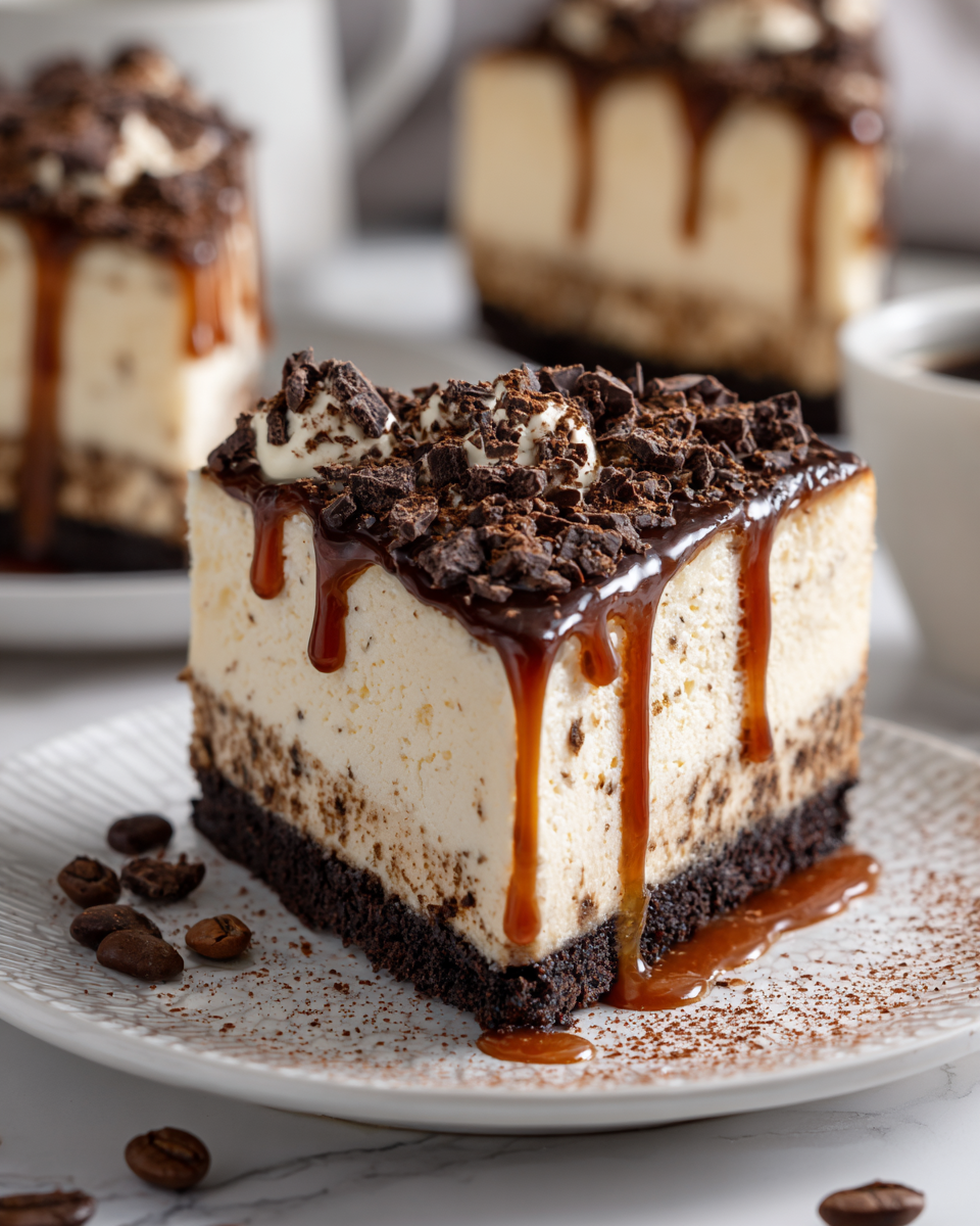 Cheesecake all'espresso decorato con cioccolato, dolce cremoso per feste.