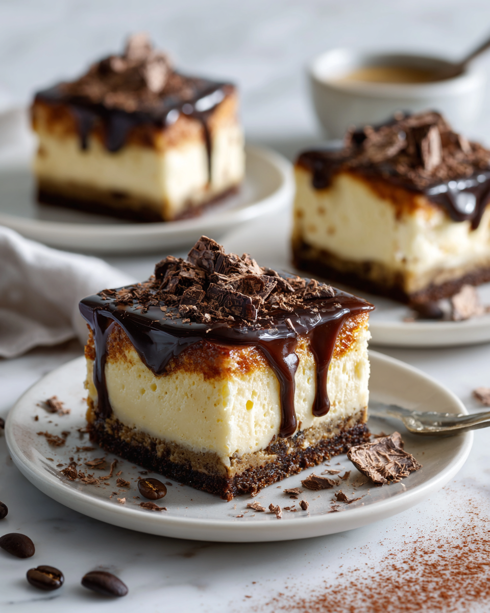 Cheesecake all'espresso decorato con cioccolato, dolce cremoso per feste.