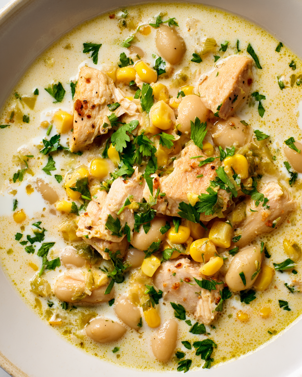 Il Comfort del Chili Bianco Cremoso per le Serate d'Autunno Delizioso chili bianco cremoso per le serate autunnali in Italia con pollo e spezie, perfetto per riscaldare il cuore.
