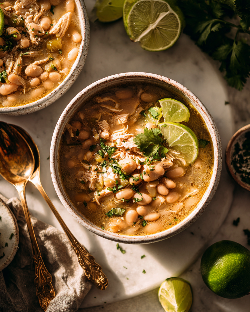 Chili bianco di pollo croccante in crockpot, ricetta autunnale nutriente e saporita.