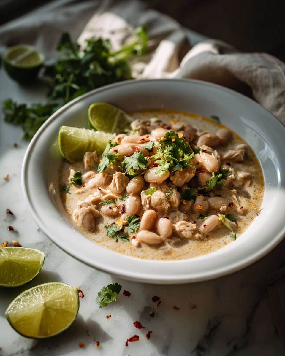 Chili bianco di pollo croccante in crockpot, ricetta autunnale nutriente e saporita.