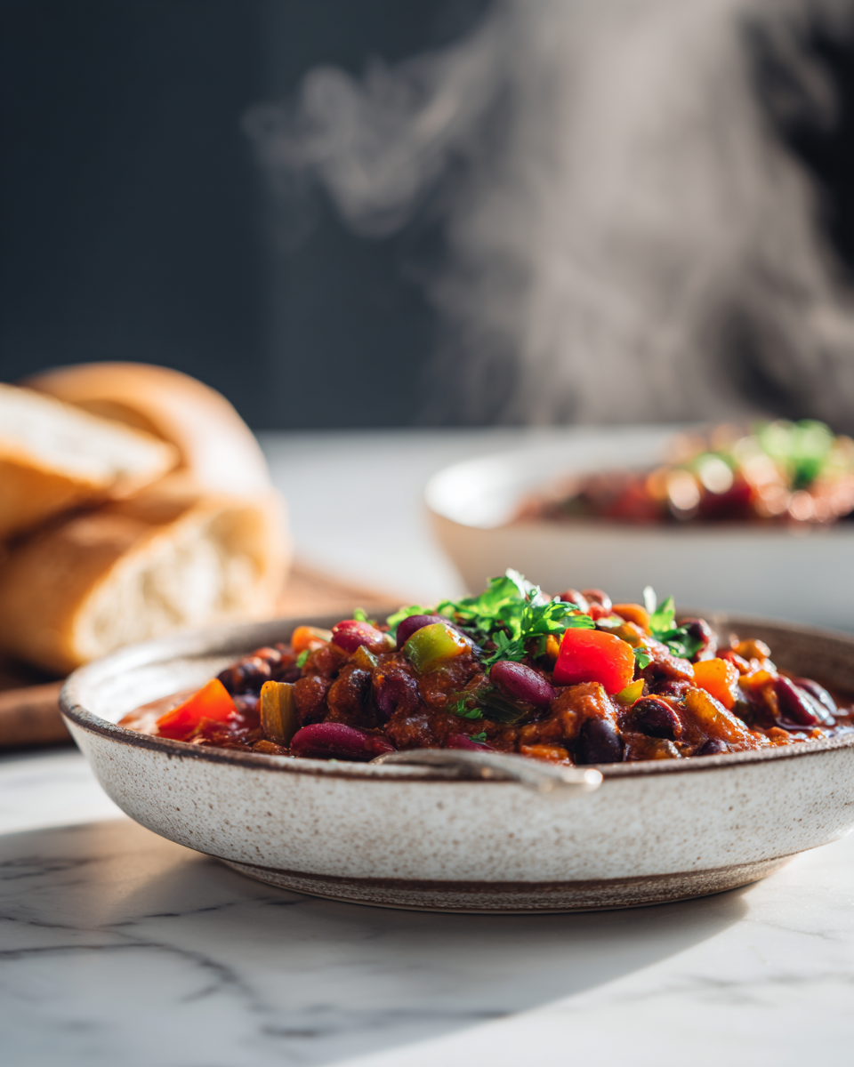 Chili vegetariano ricco e saporito cucinato in slow cooker con ingredienti freschi e vegetali, ideale per serate autunnali.