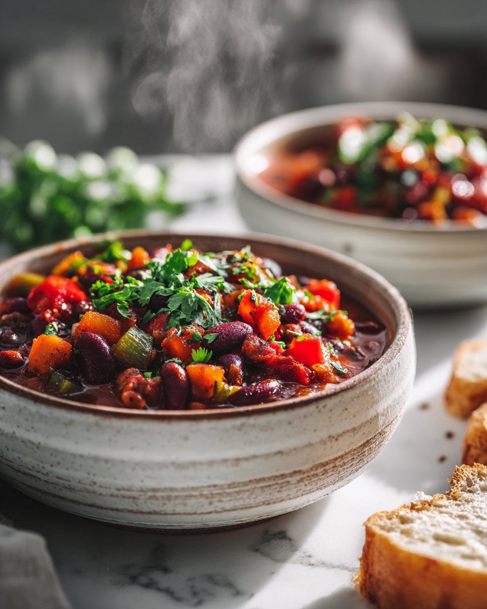 Chili vegetariano ricco e saporito cucinato in slow cooker con ingredienti freschi e vegetali, ideale per serate autunnali.