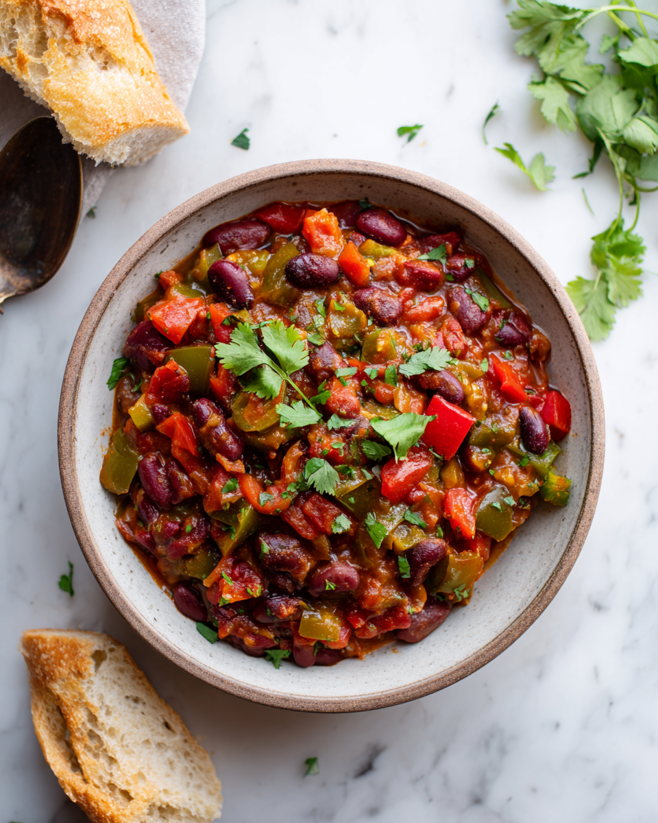 Chili vegetariano ricco e saporito cucinato in slow cooker con ingredienti freschi e vegetali, ideale per serate autunnali.