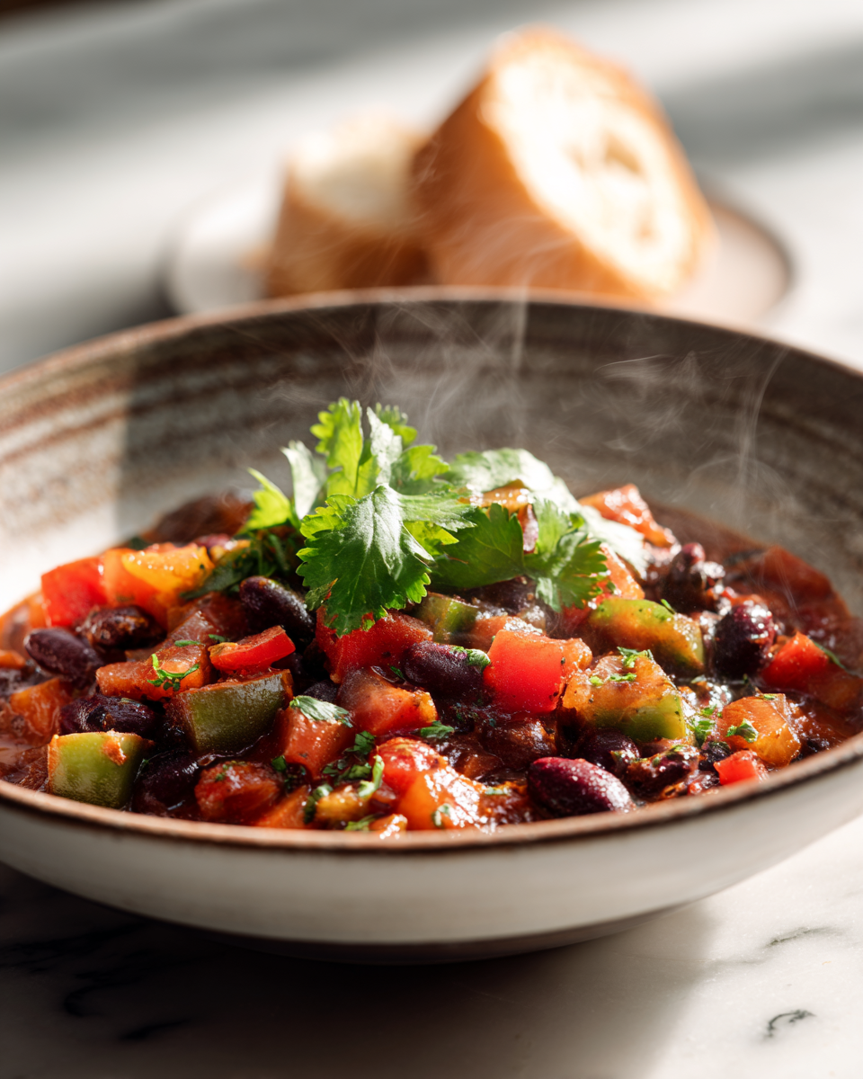 Chili vegetariano ricco e saporito cucinato in slow cooker con ingredienti freschi e vegetali, ideale per serate autunnali.