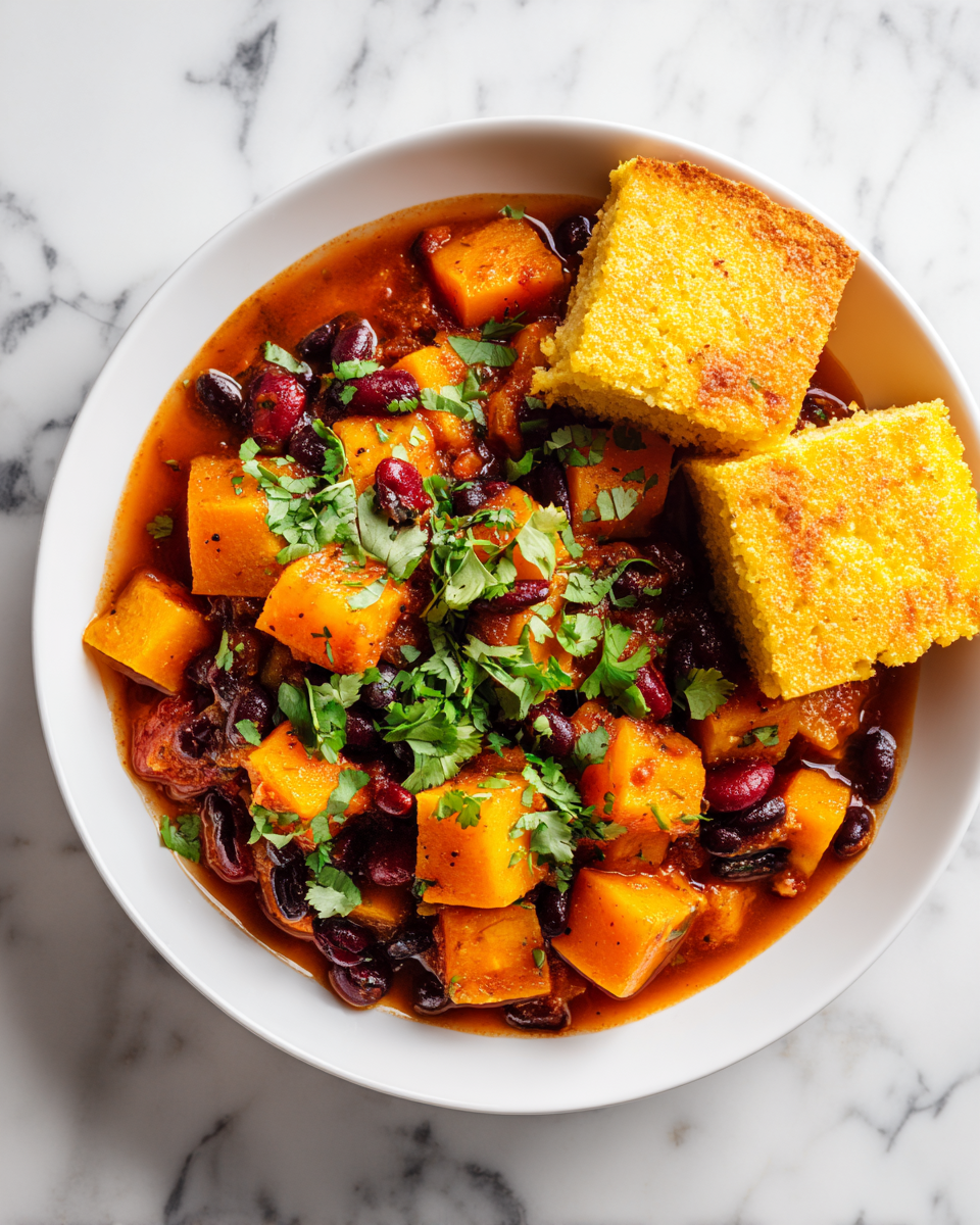 Delizioso chili di zucca butternut, ricco di sapori autunnali, perfetto per i pasti. Ricetta vegana facile e nutriente!