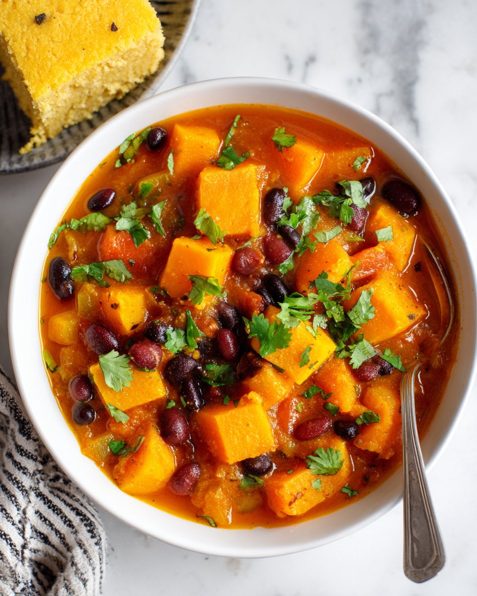 Delizioso chili di zucca butternut, ricco di sapori autunnali, perfetto per i pasti. Ricetta vegana facile e nutriente!