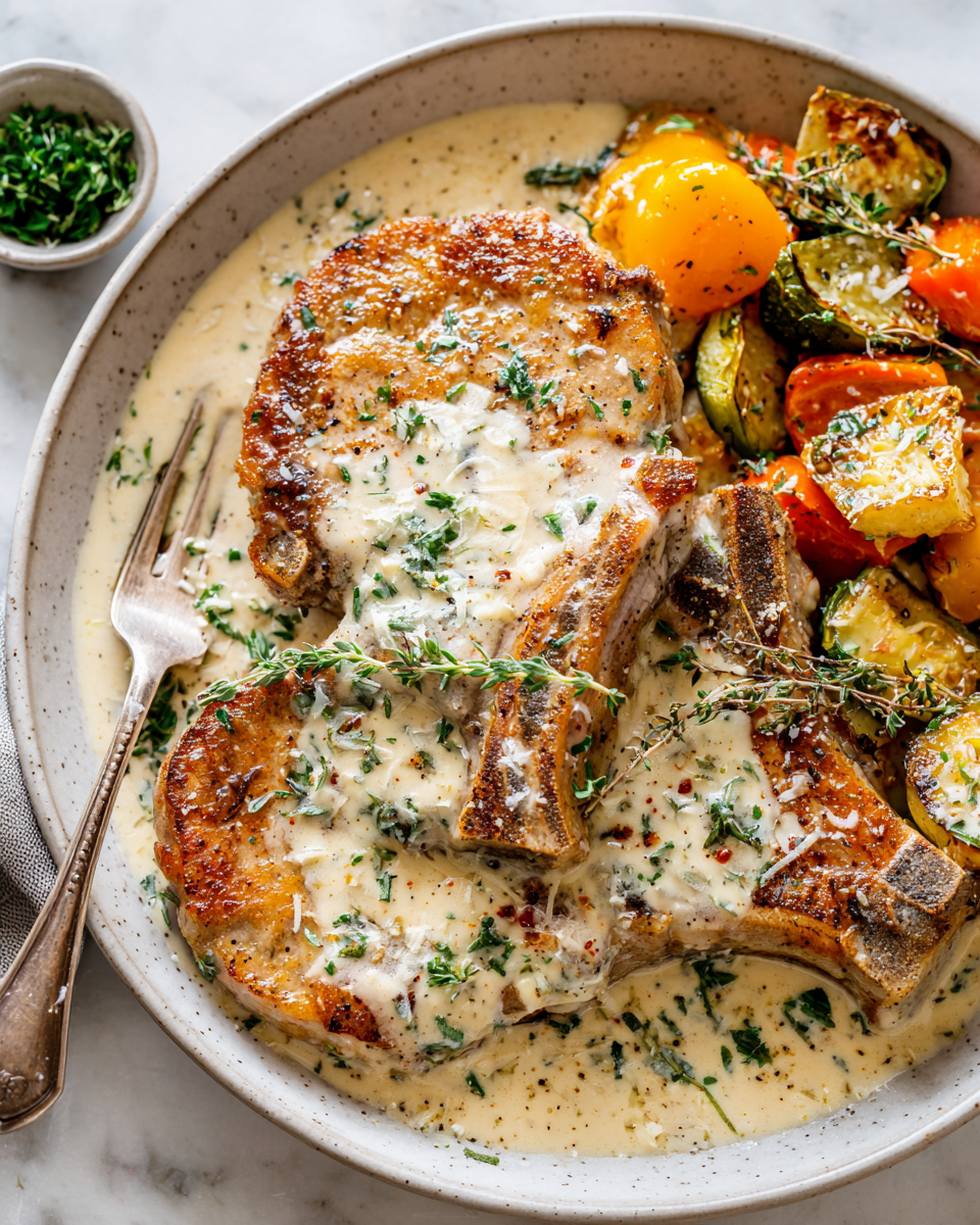 Costolette di Maiale Cremose al Parmigiano: Ricetta Facile Costolette di maiale cremose al parmigiano servite con contorni