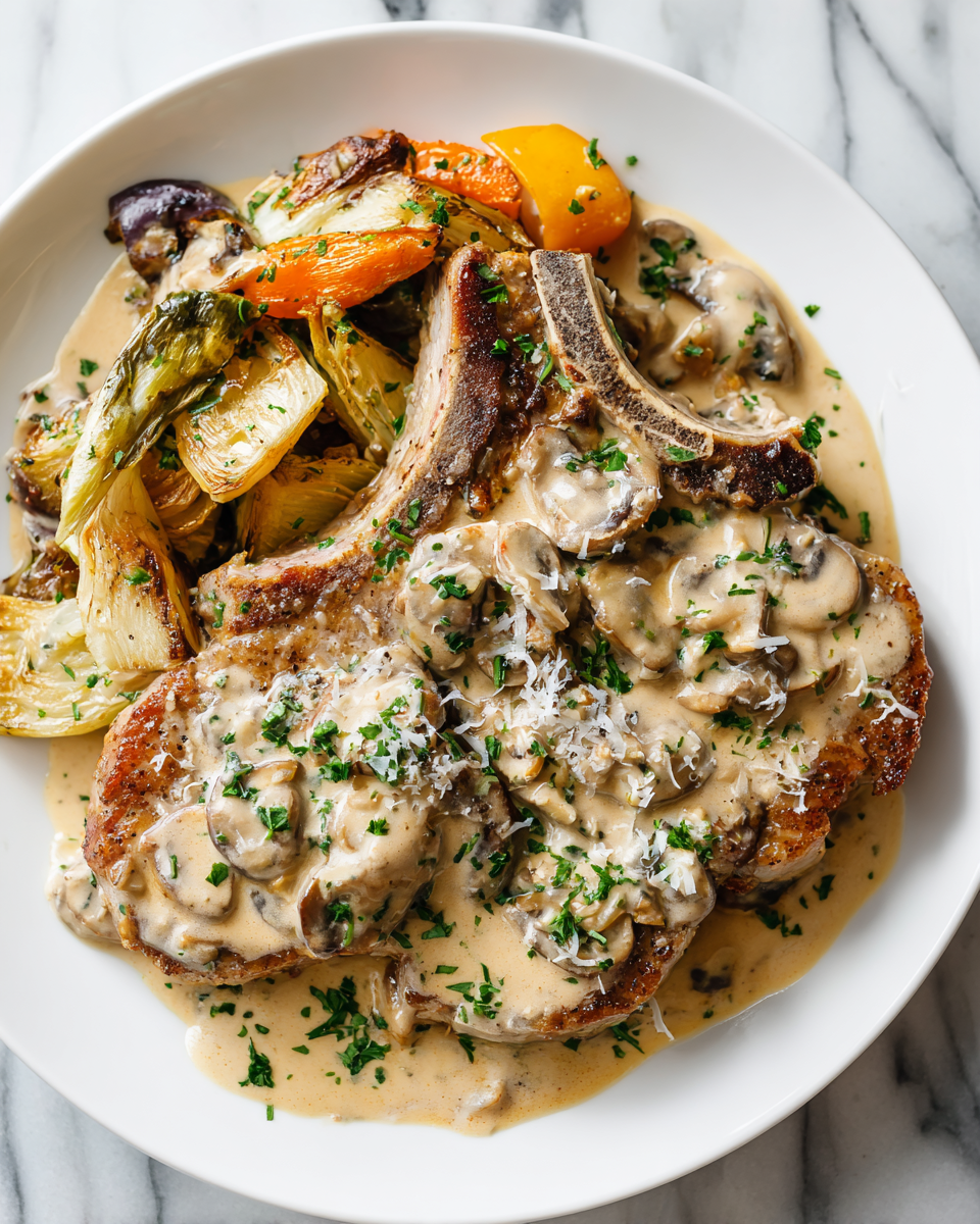 Costolette di Maiale Cremose al Parmigiano: Ricetta Facile Costolette di maiale cremose al parmigiano servite con contorni