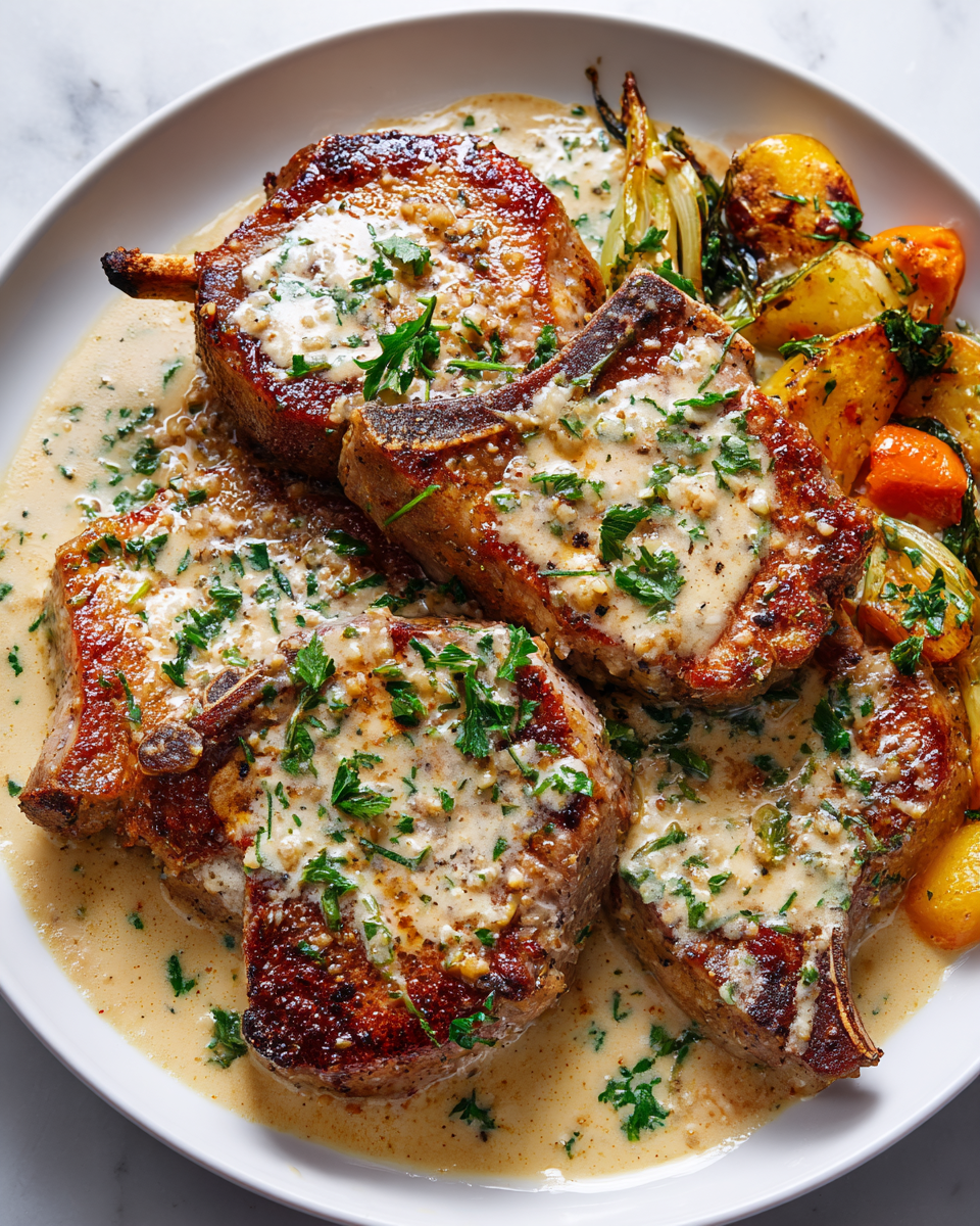 Costolette di Maiale Cremose al Parmigiano: Ricetta Facile Costolette di maiale cremose al parmigiano servite con contorni