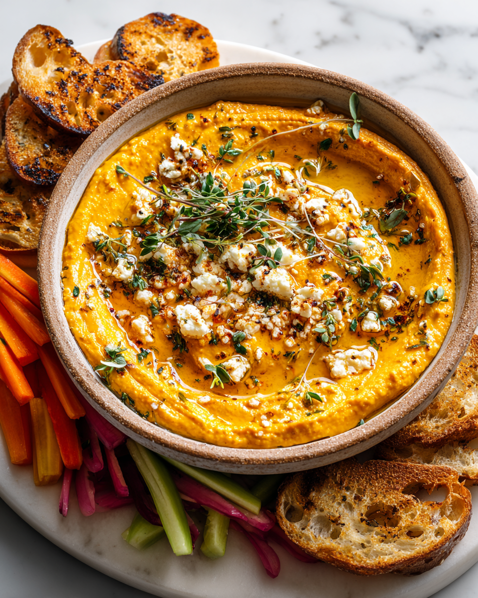 Dip cremoso di feta e zucca butternut, ideale per antipasti autunnali, ricco di sapori freschi e ingredienti sani.