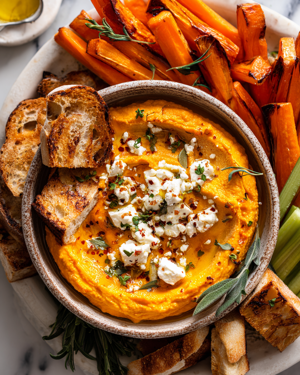 Dip cremoso di feta e zucca butternut, ideale per antipasti autunnali, ricco di sapori freschi e ingredienti sani.
