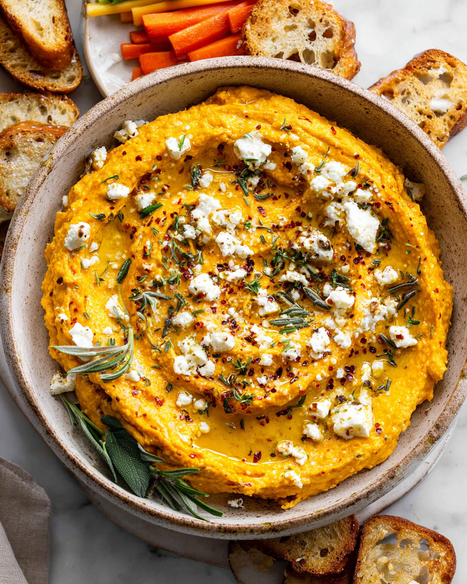 Dip cremoso di feta e zucca butternut, ideale per antipasti autunnali, ricco di sapori freschi e ingredienti sani.