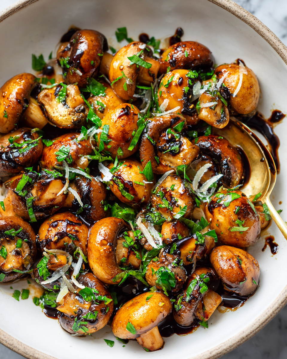 Funghi cremini all'aglio glassati con miele e aceto balsamico, un contorno autunnale delizioso e facile da preparare.