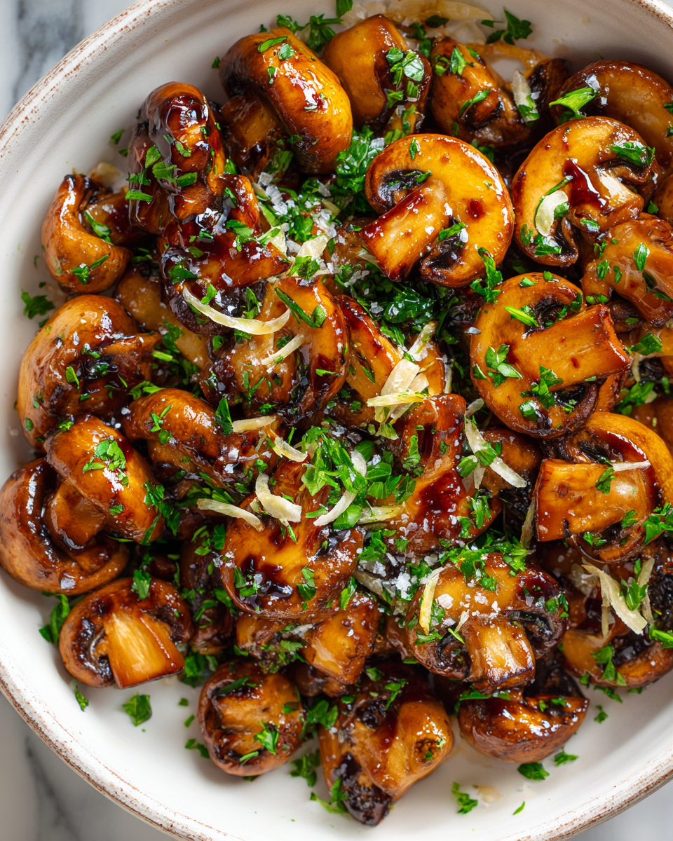 Funghi cremini all'aglio glassati con miele e aceto balsamico, un contorno autunnale delizioso e facile da preparare.