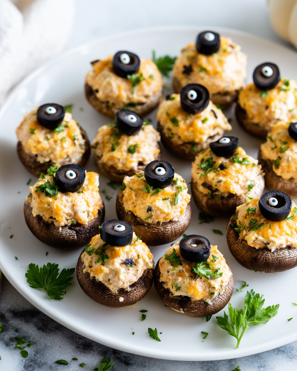 Funghi ripieni fantasmi per Halloween, antipasto creativo con ricotta e parmigiano, facile e veloce