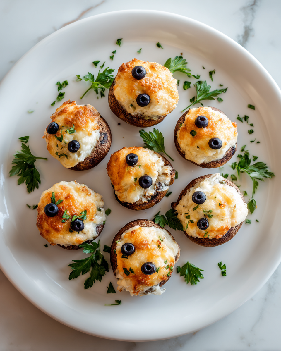 Funghi ripieni fantasmi per Halloween, antipasto creativo con ricotta e parmigiano, facile e veloce