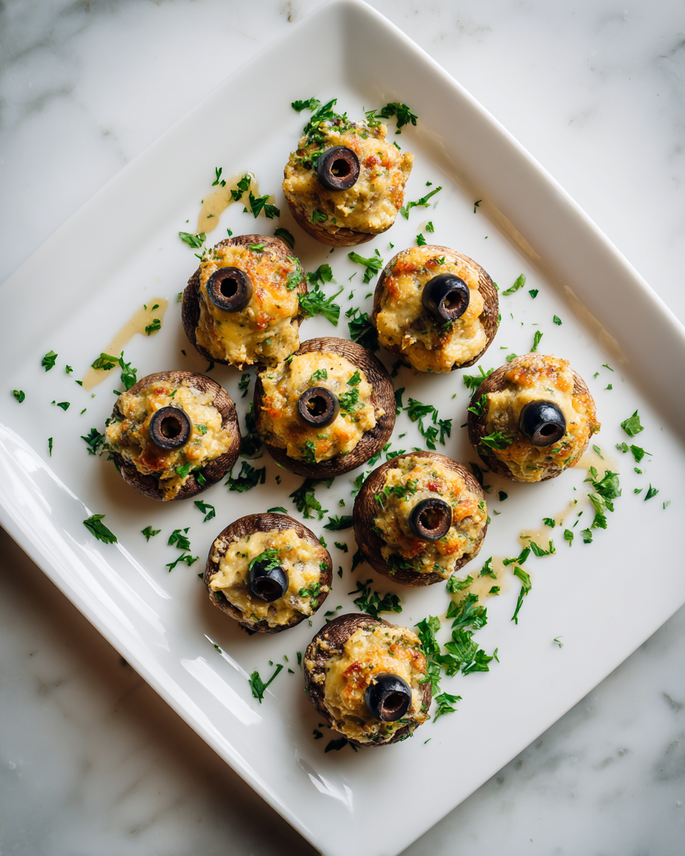 Funghi ripieni fantasmi per Halloween, antipasto creativo con ricotta e parmigiano, facile e veloce