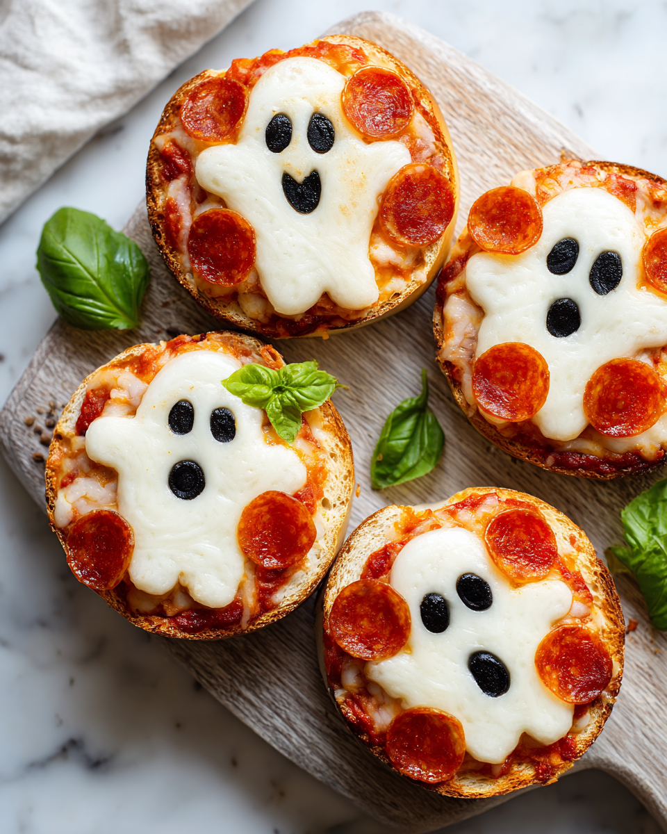 Ghostly Pizza Bagels decorati per Halloween con salsa di pomodoro e mozzarella