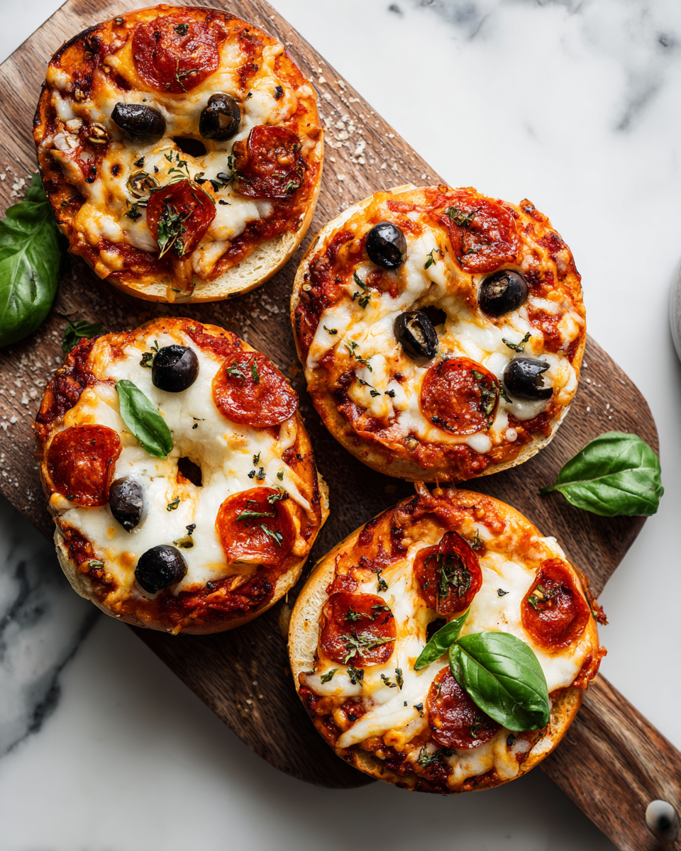 Divertenti Ghostly Pizza Bagels per Halloween Ghostly Pizza Bagels decorati per Halloween con salsa di pomodoro e mozzarella