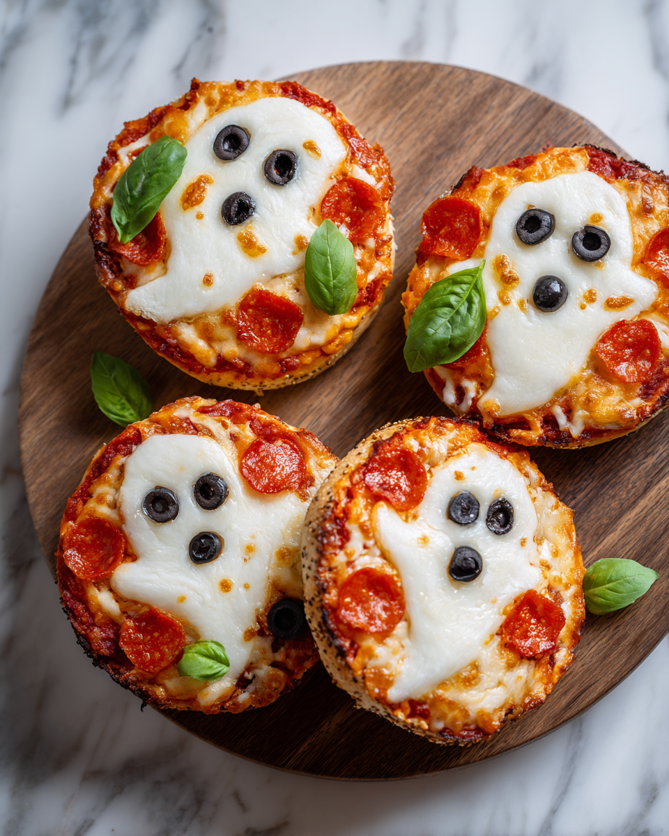 Divertenti Ghostly Pizza Bagels per Halloween Ghostly Pizza Bagels decorati per Halloween con salsa di pomodoro e mozzarella