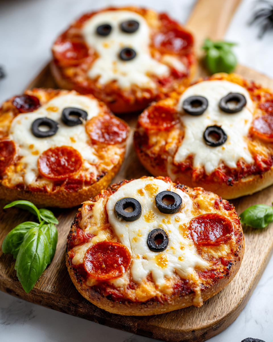 Divertenti Ghostly Pizza Bagels per Halloween Ghostly Pizza Bagels decorati per Halloween con salsa di pomodoro e mozzarella