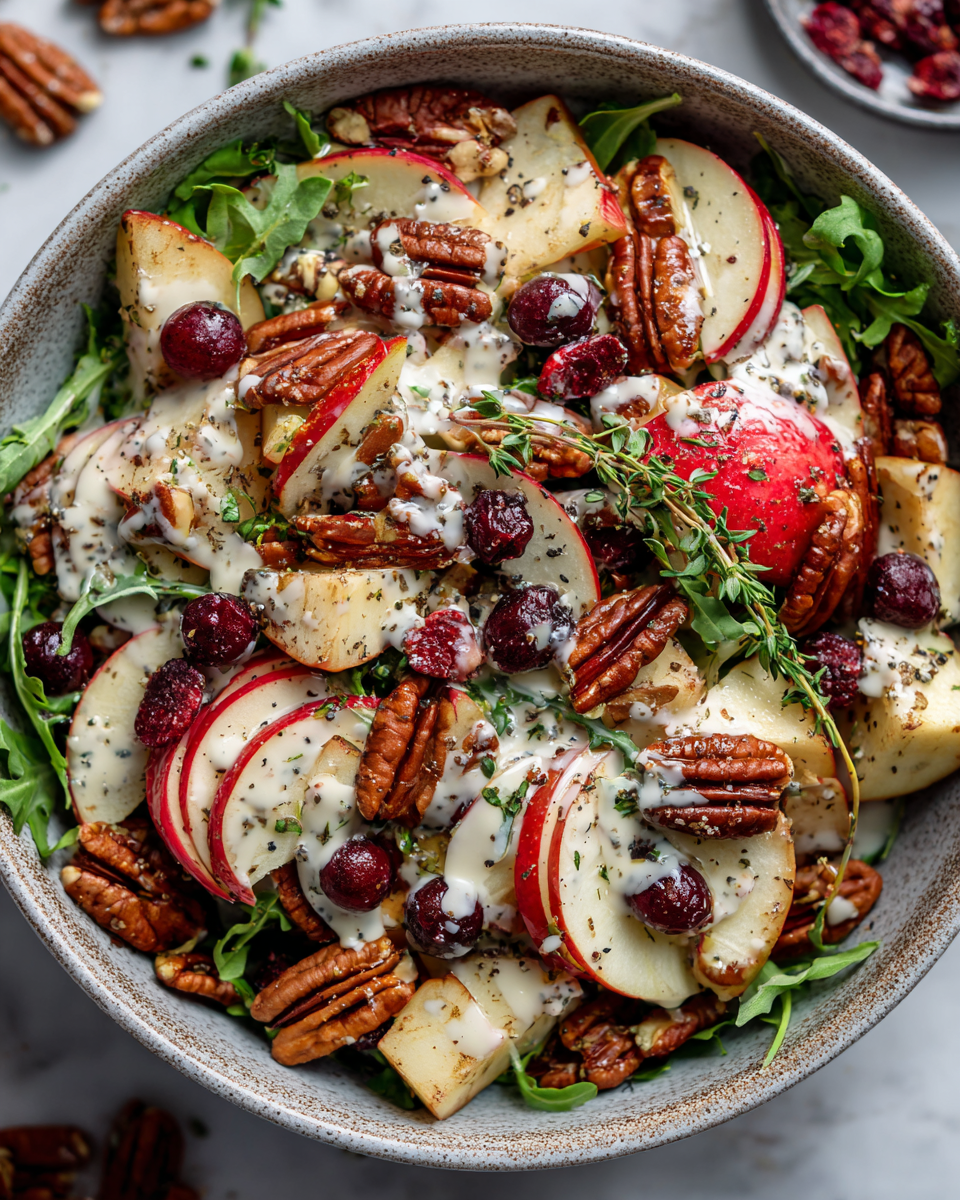 Insalata di mele, mirtilli rossi e noci pecan in salsa cremosa di semi di papavero, un piatto fresco e autunnale.