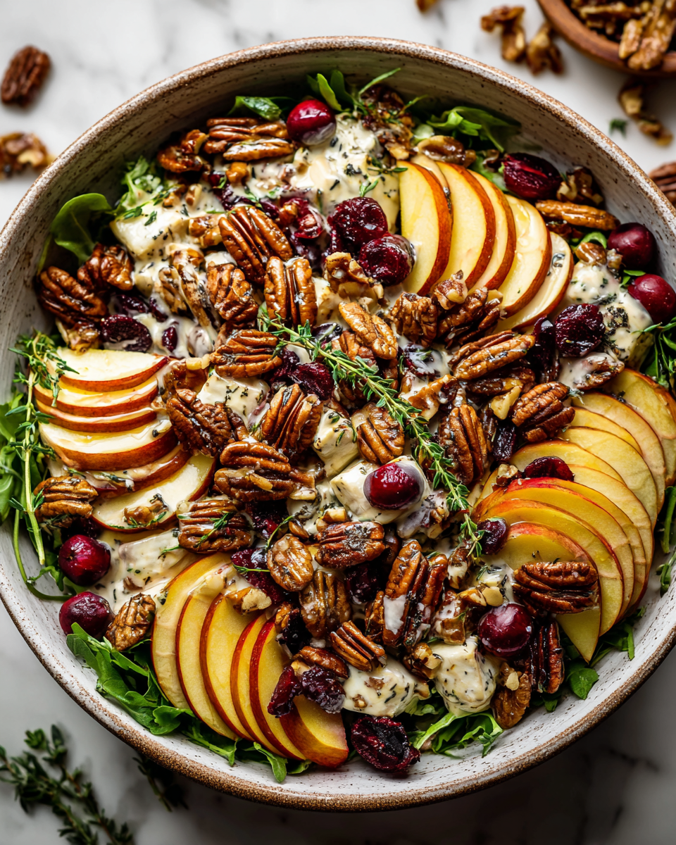 Insalata di mele, mirtilli rossi e noci pecan in salsa cremosa di semi di papavero, un piatto fresco e autunnale.