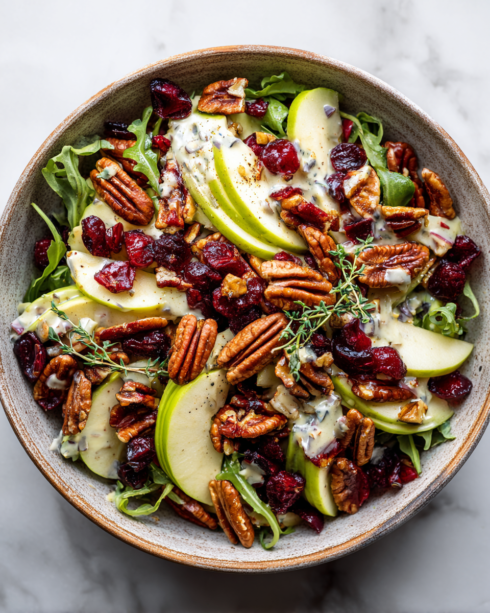 Insalata di mele, mirtilli rossi e noci pecan in salsa cremosa di semi di papavero, un piatto fresco e autunnale.