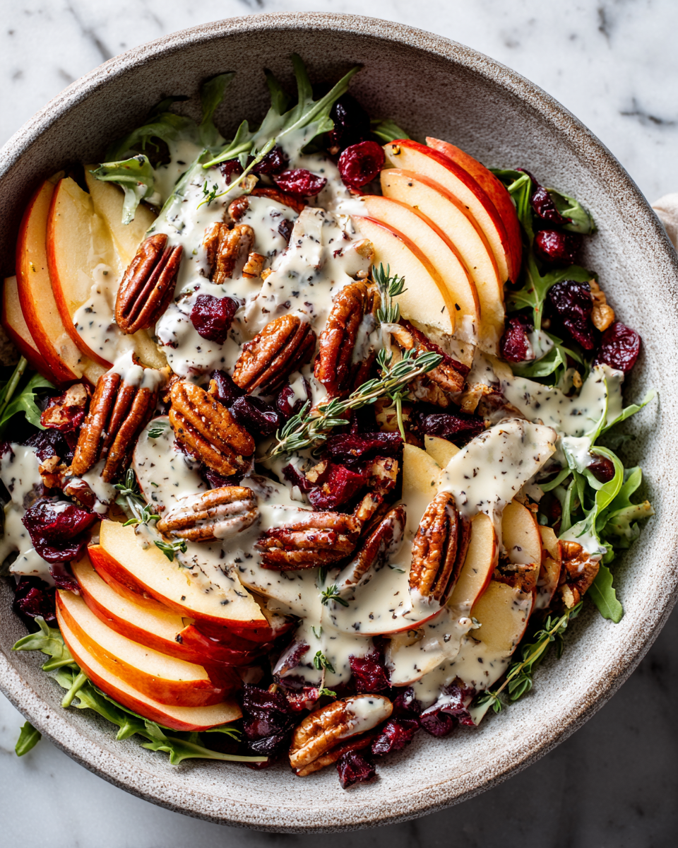 Insalata di mele, mirtilli rossi e noci pecan in salsa cremosa di semi di papavero, un piatto fresco e autunnale.