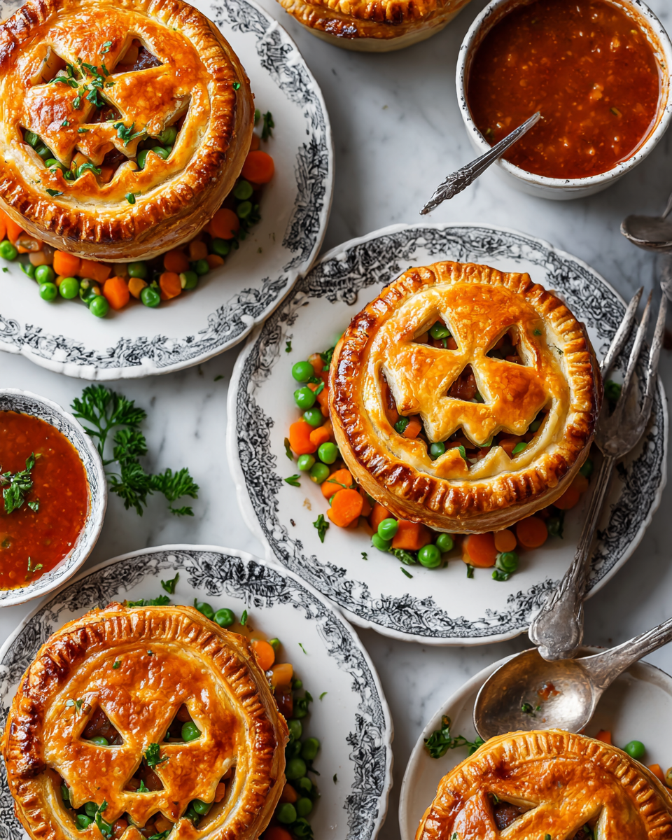 Deliziosi Jack-O-Lantern Beef Pies per Halloween Ricetta Jack-O-Lantern Beef Pies, tortine di carne decorativi per Halloween, facili e saporiti, perfetti per festeggiare.