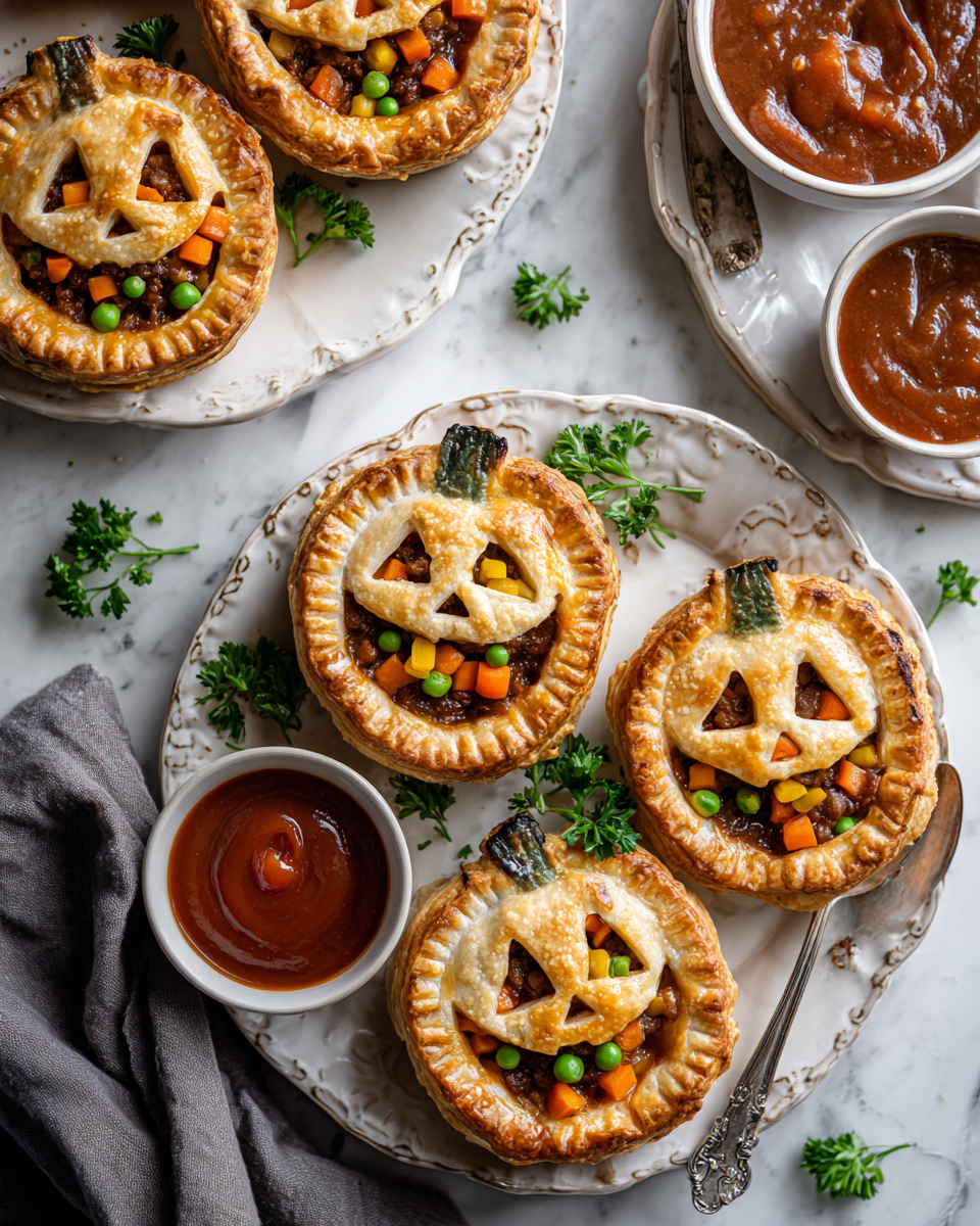 Deliziosi Jack-O-Lantern Beef Pies per Halloween Ricetta Jack-O-Lantern Beef Pies, tortine di carne decorativi per Halloween, facili e saporiti, perfetti per festeggiare.