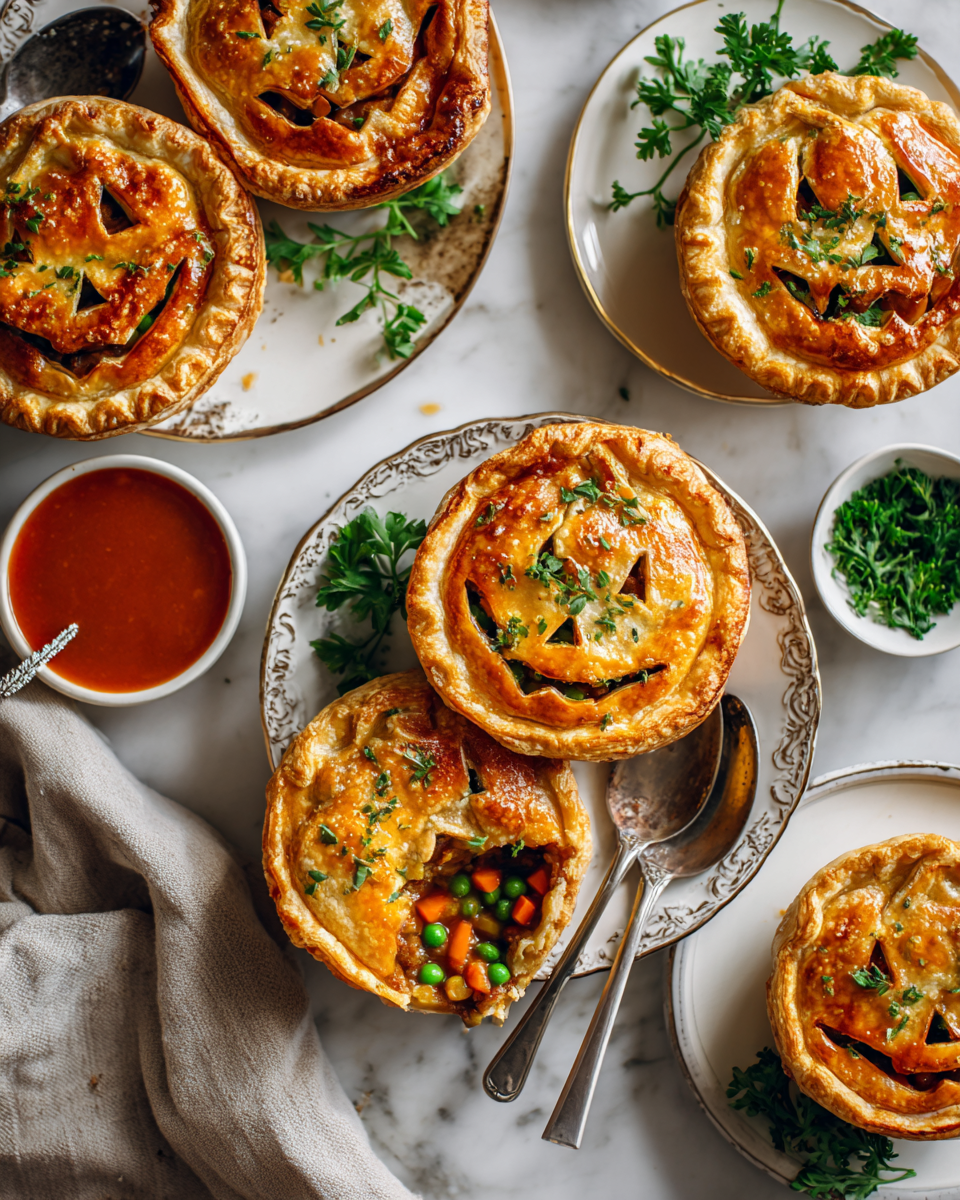 Deliziosi Jack-O-Lantern Beef Pies per Halloween Ricetta Jack-O-Lantern Beef Pies, tortine di carne decorativi per Halloween, facili e saporiti, perfetti per festeggiare.