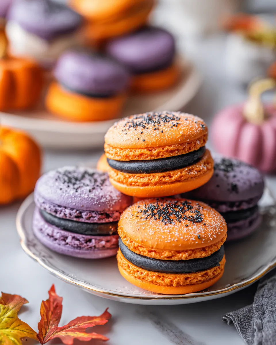 Macarons di Halloween colorati e cremosi, perfetti per feste autunnali, ricetta semplice e divertente.