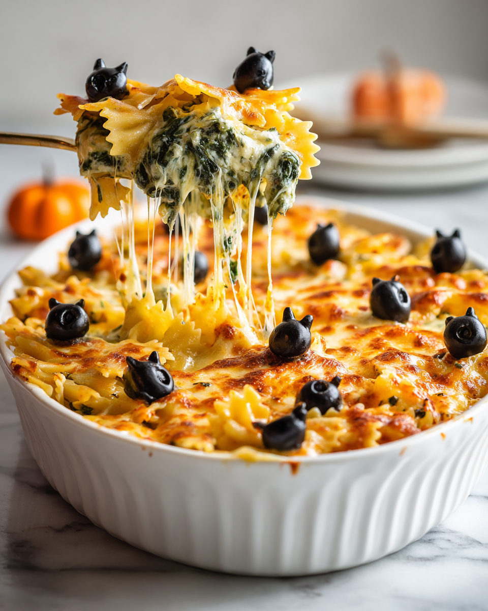 Pasta di Halloween cremosa con formaggi e spinaci, piatto autunnale facile da preparare.
