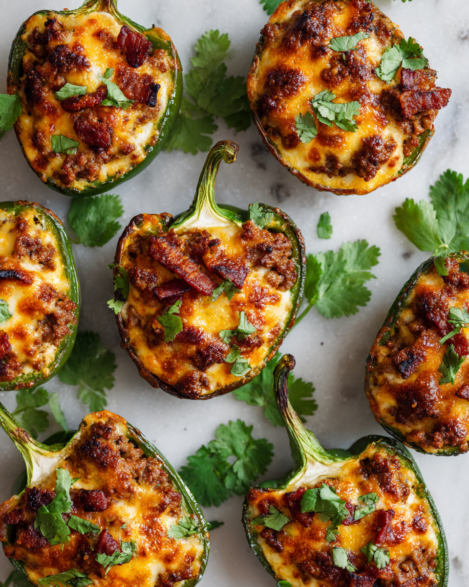 Peperoni jalapeño ripieni di cheeseburger, un antipasto piccante e delizioso per le feste.