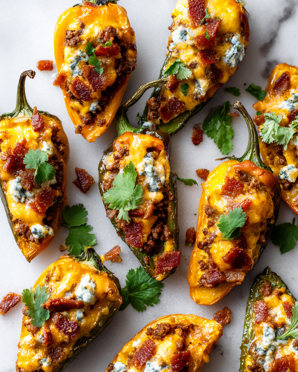 Peperoni jalapeño ripieni di cheeseburger, un antipasto piccante e delizioso per le feste.