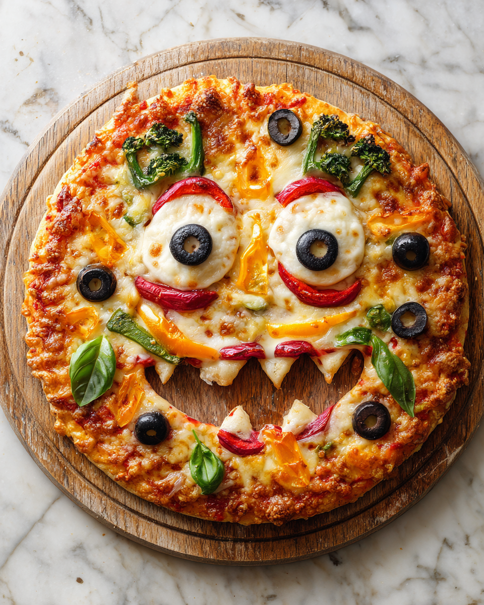 Pizza Faccia da Mostro: Divertiti e Gusta! Pizza Faccia da Mostro con ingredienti freschi, divertente per Halloween