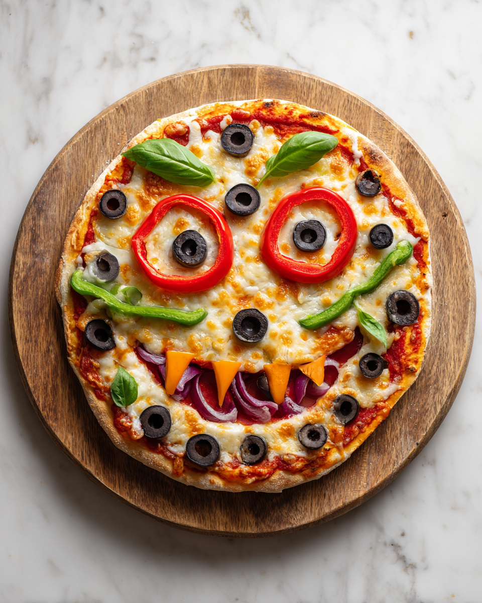 Pizza Faccia da Mostro: Divertiti e Gusta! Pizza Faccia da Mostro con ingredienti freschi, divertente per Halloween