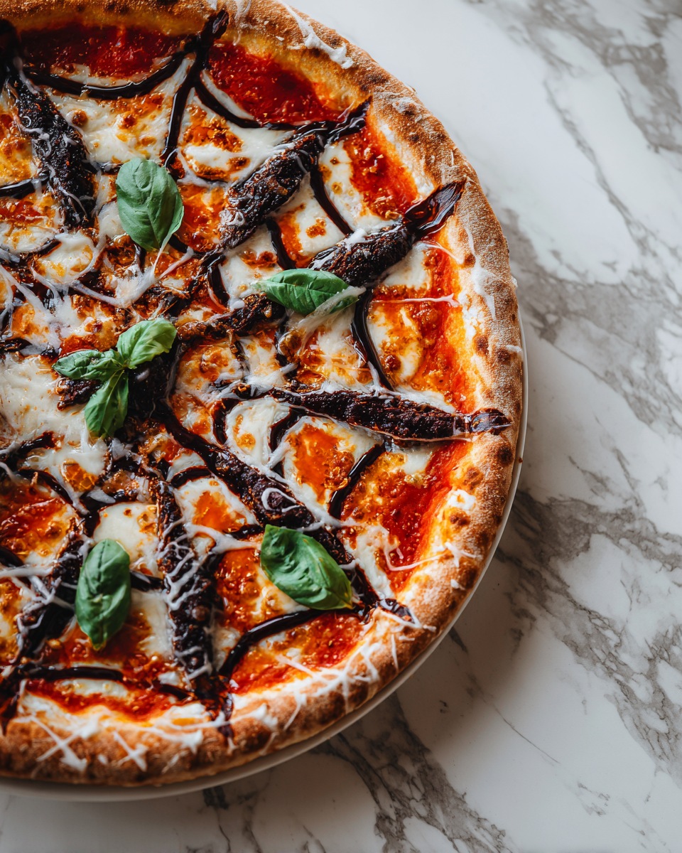 Pizza Halloween a forma di ragnatela con mozzarella e olive nere, perfetta per le festività autunnali.