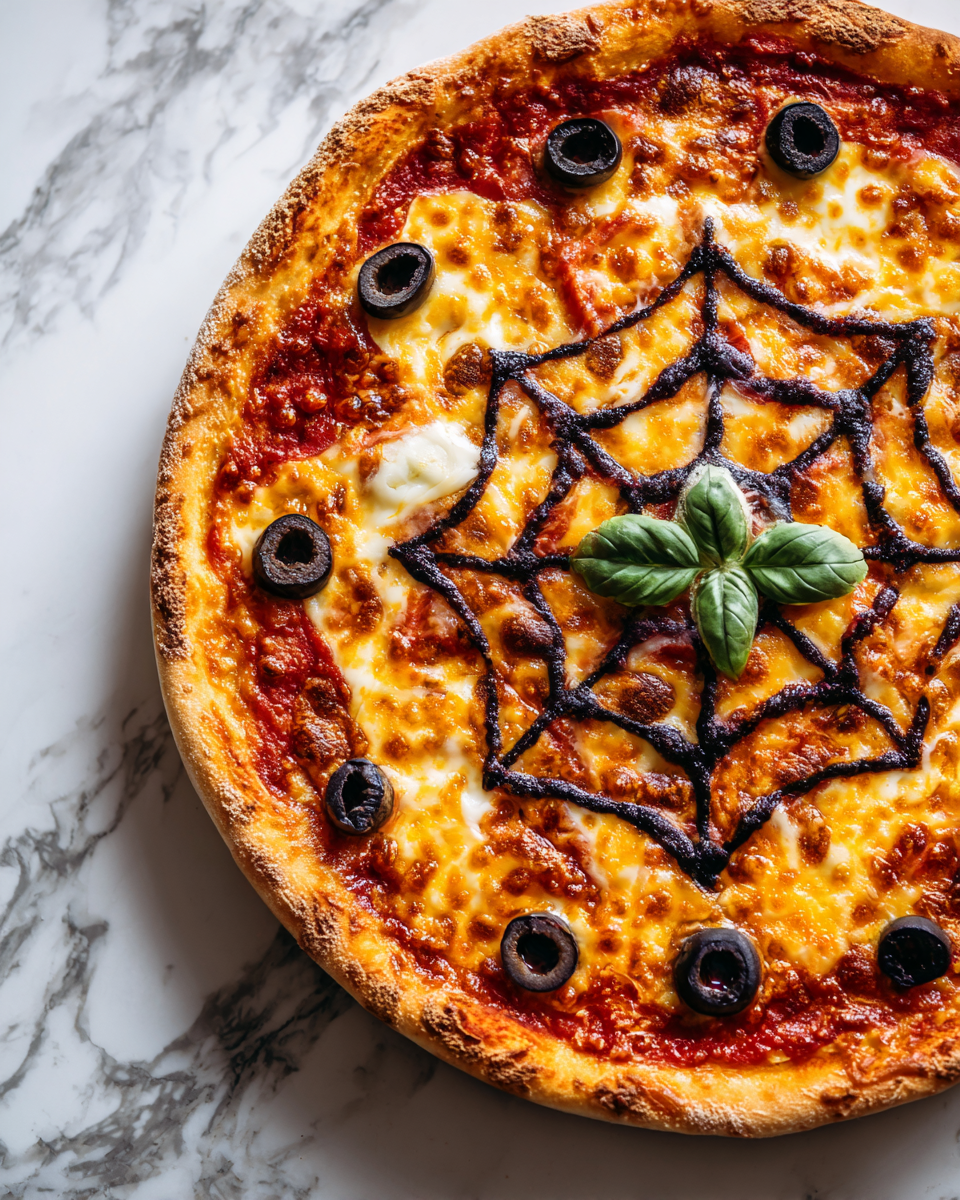 Pizza Halloween a forma di ragnatela con mozzarella e olive nere, perfetta per le festività autunnali.