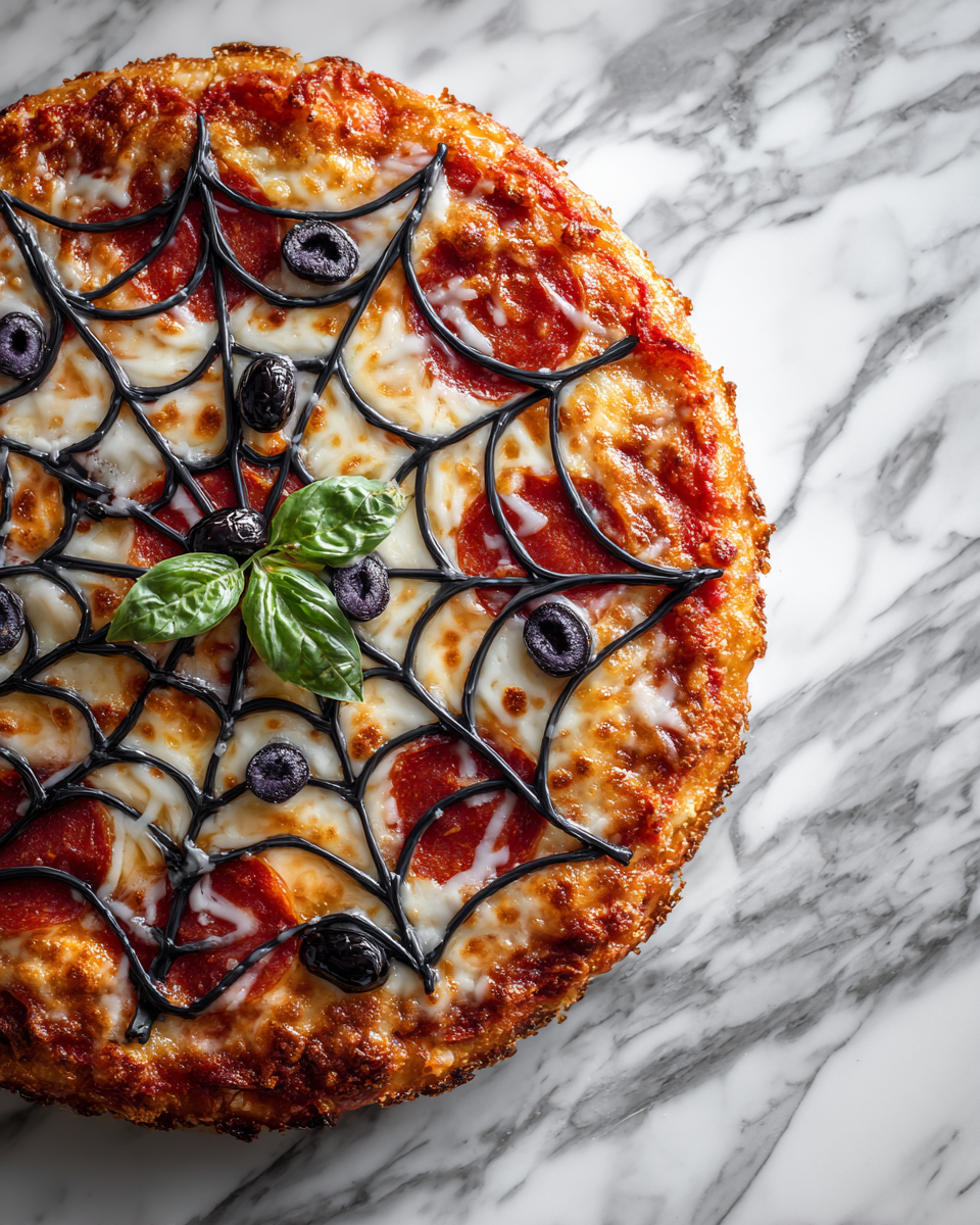 Pizza Halloween a forma di ragnatela con mozzarella e olive nere, perfetta per le festività autunnali.