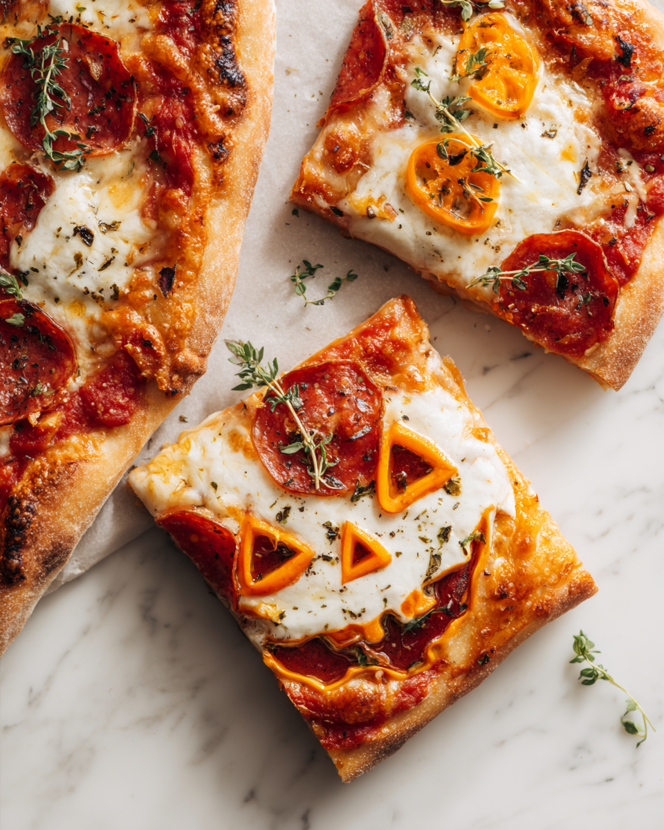 Dì di Halloween con la Deliziosa Pizza Jack-o-Lantern Pizza Jack-o-Lantern decorata per Halloween con peperoni colorati e mozzarella fresca.