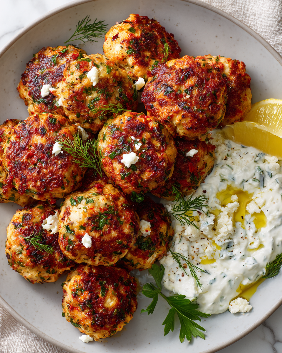 Deliziose Polpette di Pollo Greche Polpette di pollo greche dorate e aromatiche, servite con tzatziki.